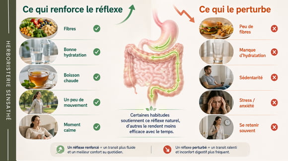 Facteurs qui renforcent ou perturbent le réflexe gastro-colique  fibres, hydratation, activité et stress - Herboristerie Sensathé